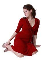 A-Line Wrap Dress,3/4 th Sleeves with Frill, Maroon