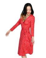 A-Line Wrap Dress, 3/4th Sleeve - Artsci Buzz - Red/White