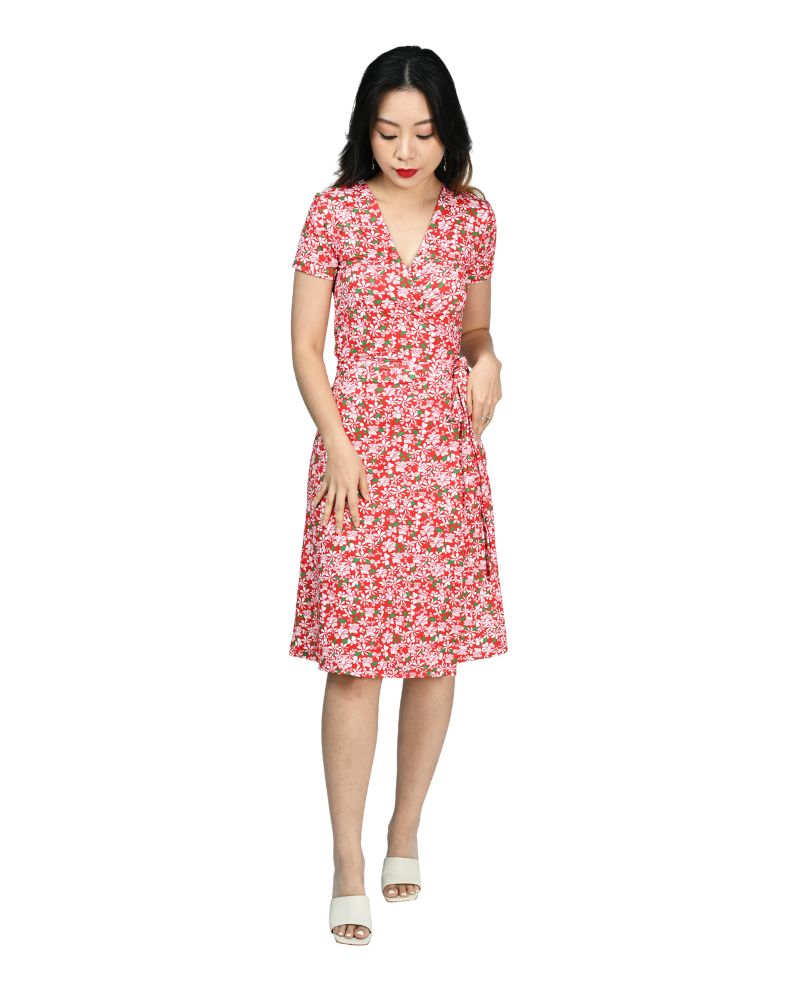 A-Line Wrap Dress, Cap Sleeves No Collar - Flowers in Flow - Red/White