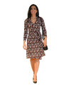 A-Line Wrap Dress, Three-Quarter Sleeve, with Collar, Brown Geometric