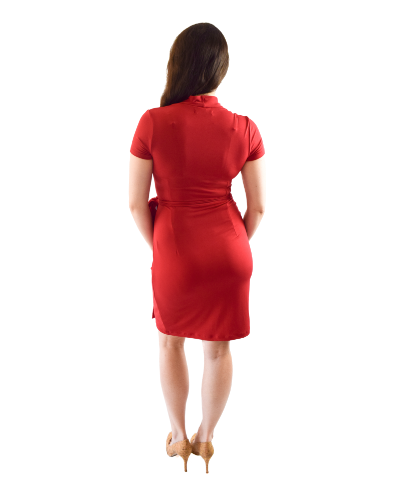 Classic Fit Wrap Dress, Cap Sleeves, Red
