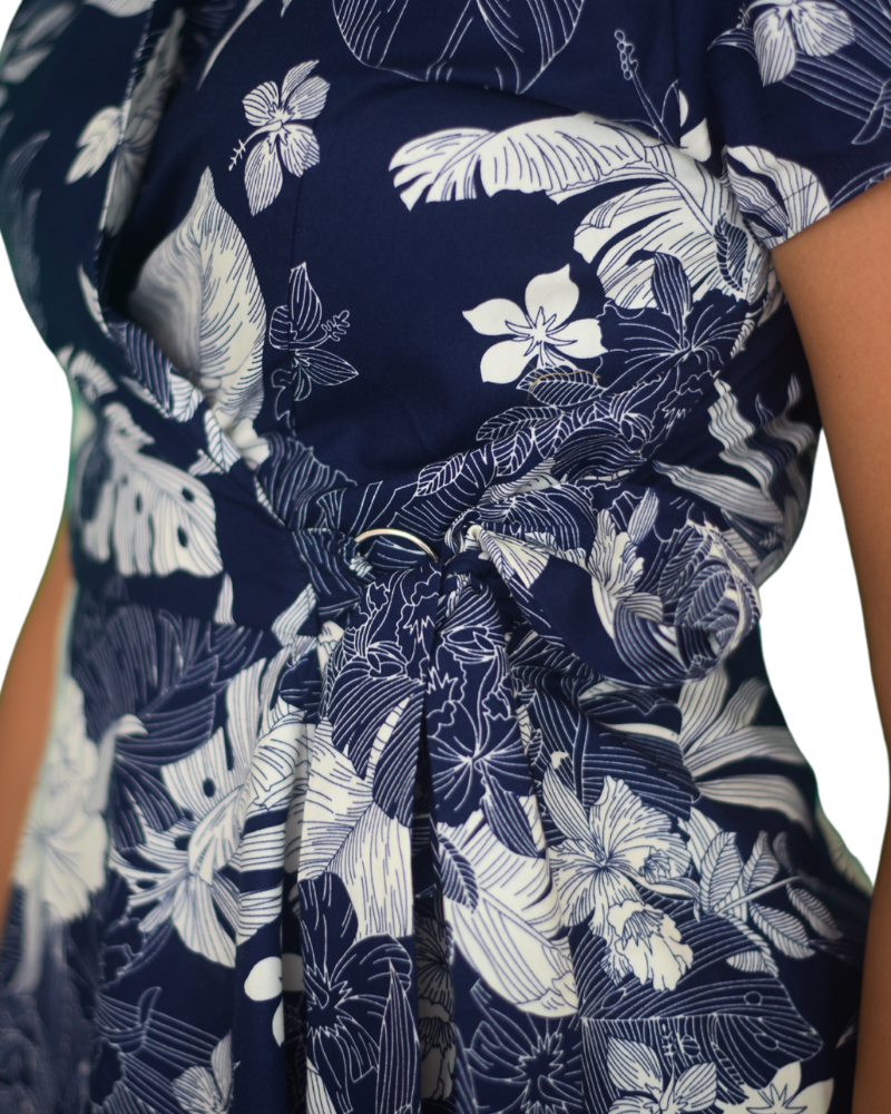 Flared A-Line Wrap Dress, Cap Sleeves, Botanic Print in Blue-White