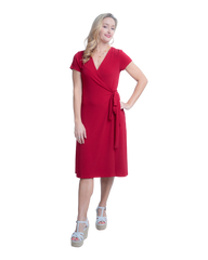 A-Line Wrap Dress, Cap Sleeves No Collar, Deep Red