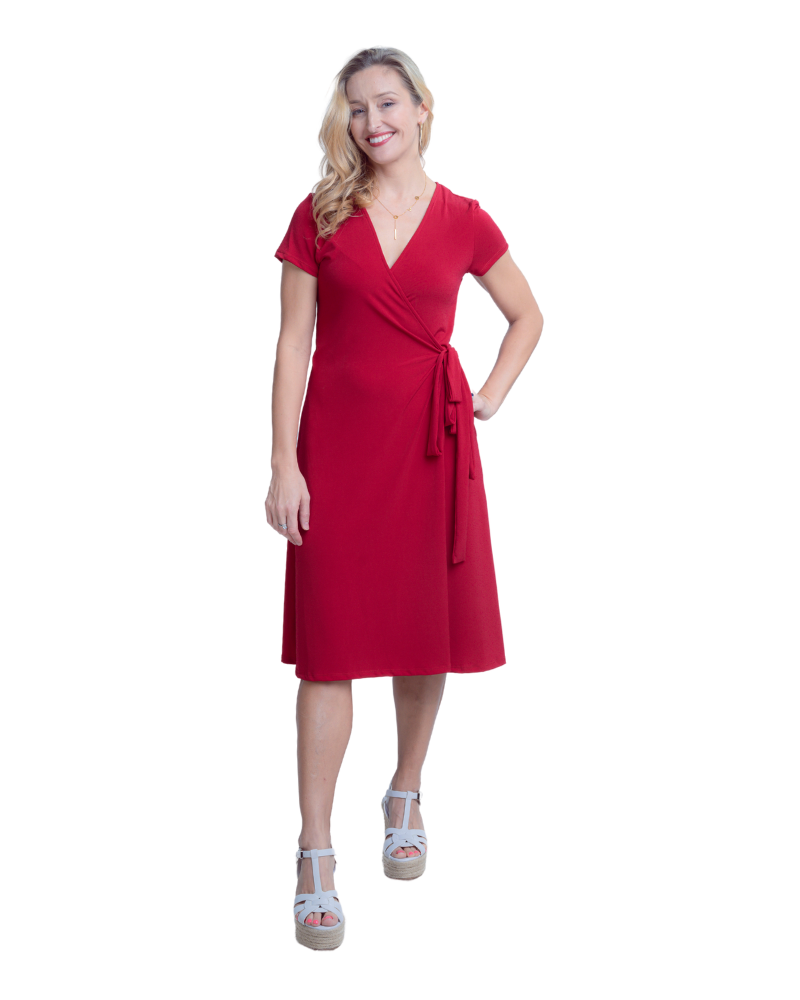 A-Line Wrap Dress, Cap Sleeves No Collar, Deep Red