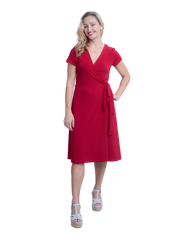 A-Line Wrap Dress, Cap Sleeves No Collar, Deep Red