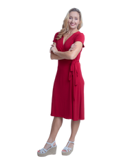 A-Line Wrap Dress, Cap Sleeves No Collar, Deep Red