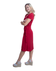 A-Line Wrap Dress, Cap Sleeves No Collar, Deep Red