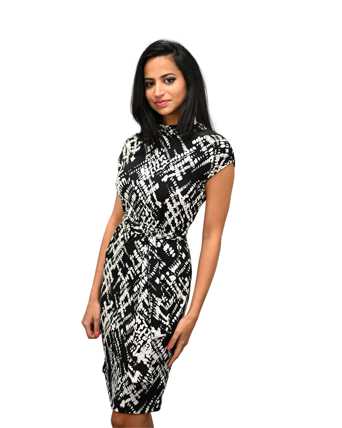 Michelle - High Neck Office Smart Dress - Blitzy Black & White Print