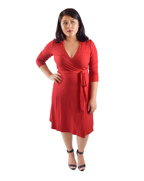 A-Line Wrap Dress, 3/4th Sleeves with Collar, Red