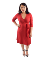 A-Line Wrap Dress, 3/4th Sleeves with Collar, Red