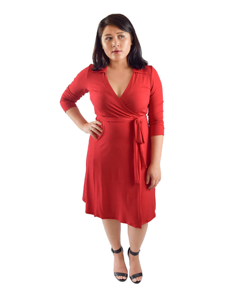 A-Line Wrap Dress with 3/4th Sleeves & Collar