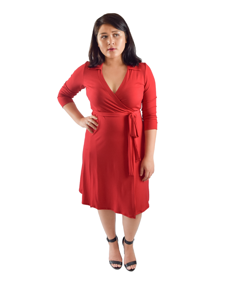 A-Line Wrap Dress, 3/4th Sleeves with Collar, Red
