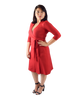 A-Line Wrap Dress, 3/4th Sleeves with Collar, Red