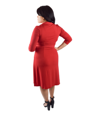 A-Line Wrap Dress, 3/4th Sleeves with Collar, Red