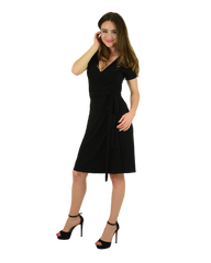 No Collar Black A-Line Wrap Dress with Cap Sleeves