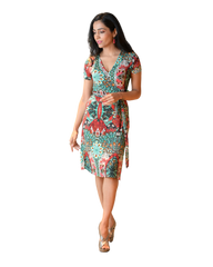 A-Line Wrap Dress, Cap Sleeves, No Collar, Happy Flowers Print (Last 2 peices)