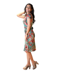 A-Line Wrap Dress, Cap Sleeves, No Collar, Happy Flowers Print (Last 2 peices)