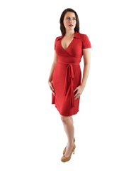 A-Line Wrap Dress, Cap Sleeves with Collar, Red