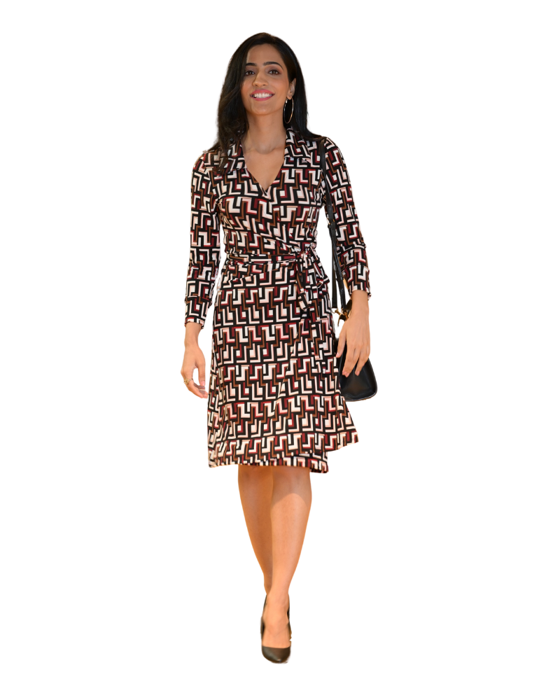 A-Line Wrap Dress, Three-Quarter Sleeve, with Collar, Brown Geometric