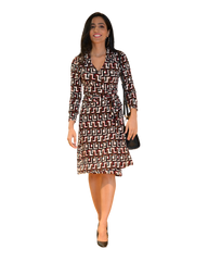 A-Line Wrap Dress, Three-Quarter Sleeve, with Collar, Brown Geometric