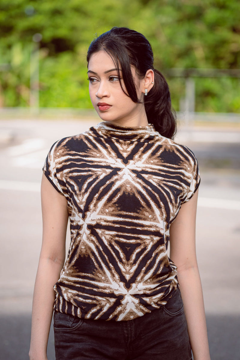 High Neck Cap Sleeve Top (NEW!) - Glowing Triangles (Brown/White)