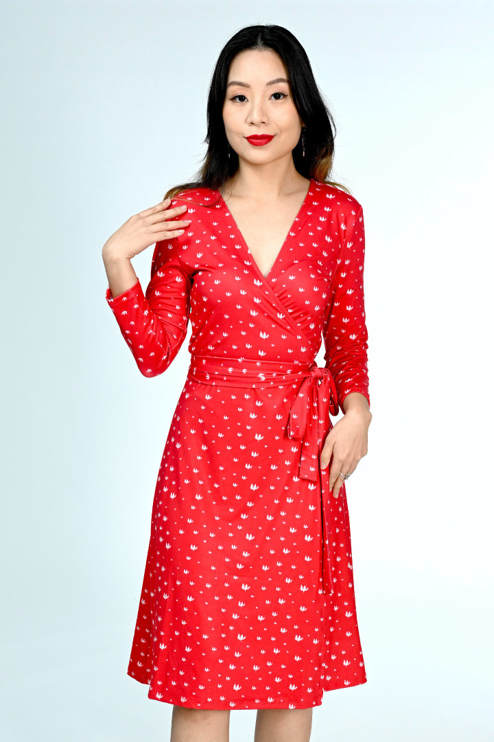 A-Line Wrap Dress, 3/4th Sleeve - Artsci Buzz - Red/White