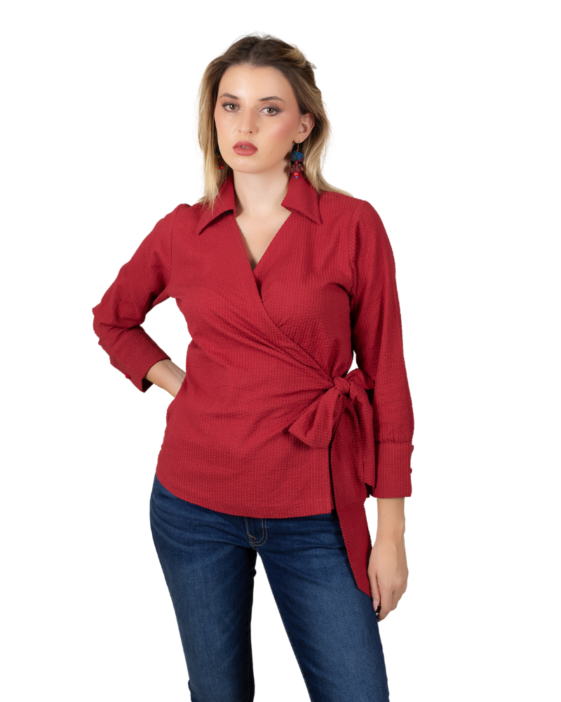 The Boss Babe Shirt - Anna Rainn Wrap Shirt in Haute Red - Stylish Women's Blouse for Work & Casual Wear | Empowering Design with Chic Appeal