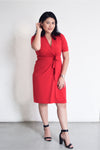 Classic Fit Wrap Dress, Cuff Sleeves, Red