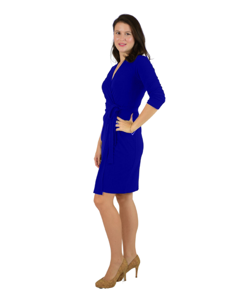 Classic Fit Wrap Dress, 3/4 Sleeves, Royal Blue