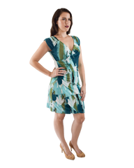 Faux Wrap Dress, Blue, Green and White Print