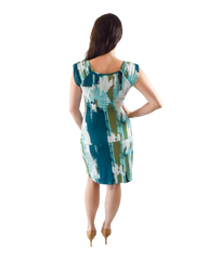 Faux Wrap Dress, Blue, Green and White Print