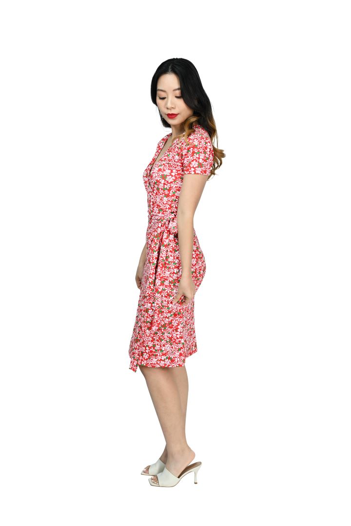 A-Line Wrap Dress, Cap Sleeves No Collar - Flowers in Flow - Red/White
