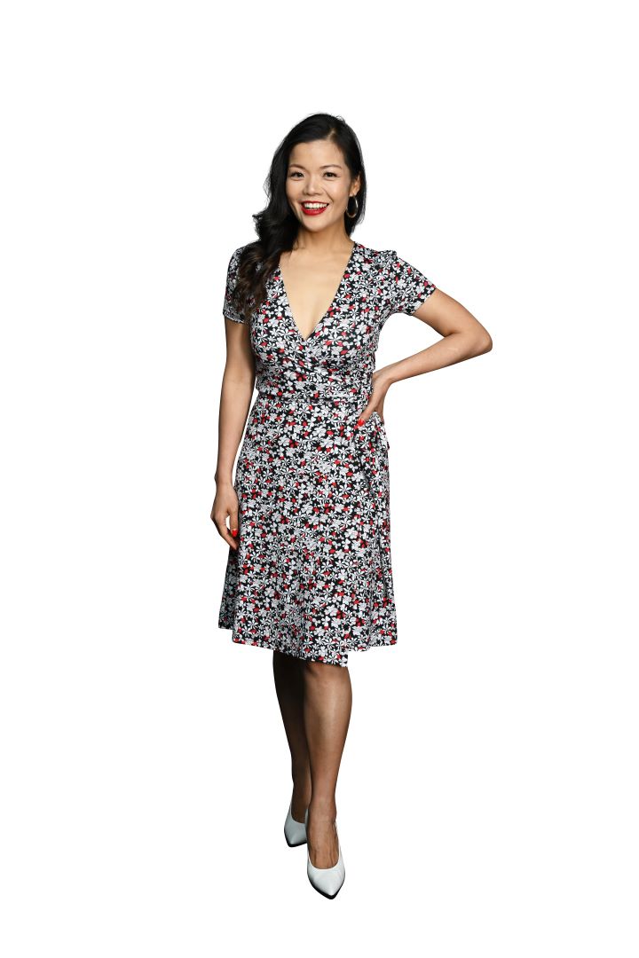 A-Line Wrap Dress, Cap Sleeves No Collar - Flowers in Flow - Black/White