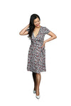 A-Line Wrap Dress, Cap Sleeves No Collar - Flowers in Flow - Black/White