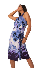 SILKY - Straight Cut Halter Neck Multi Way Wrap Dress - Sleeveless Blue Purple Swirls