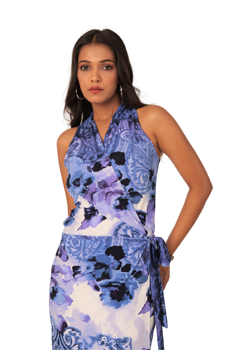 SILKY - Straight Cut Halter Neck Multi Way Wrap Dress - Sleeveless Blue Purple Swirls