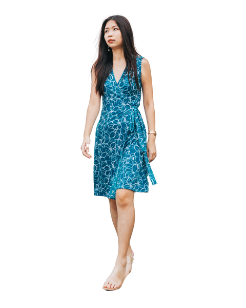 A-Line Wrap Dress, Sleeveless, No Collar, White-Blue Flowers Print