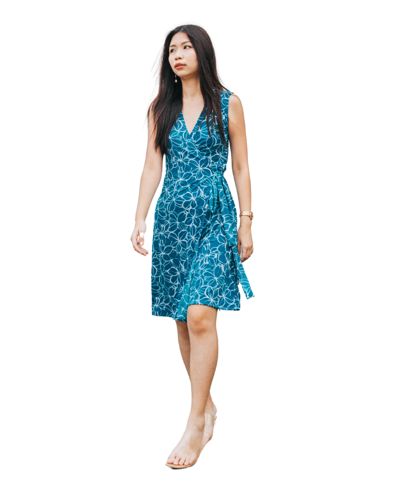 A-Line Wrap Dress, Sleeveless, No Collar, White-Blue Flowers Print