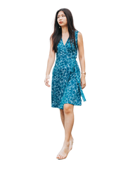 A-Line Wrap Dress, Sleeveless, No Collar, White-Blue Flowers Print