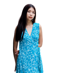 A-Line Wrap Dress, Sleeveless, No Collar, White-Blue Flowers Print