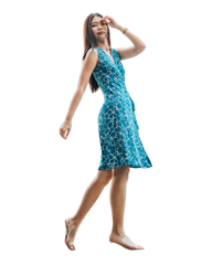 A-Line Wrap Dress, Sleeveless, No Collar, White-Blue Flowers Print