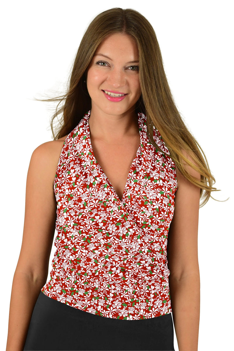 Signature  Sleeve Less Faux Wrap Top - Flowers In Flow - Red & White