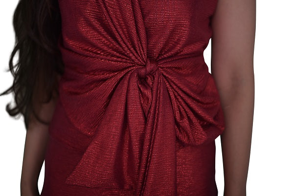 Sleeve Less Fan Belt Multi Way Faux Wrap Top - Shiny Foil Red