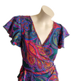 A Line Frilled and Ruffled Wrap Dress, Short Sleeves, Bright Paisley