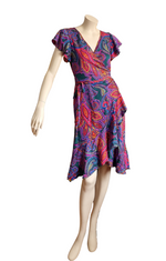 A Line Frilled and Ruffled Wrap Dress, Short Sleeves, Bright Paisley