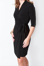 Classic Fit Wrap Dress, 3/4 Sleeves, Black