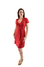 A-Line Wrap Dress, Cap Sleeves with Collar, Red