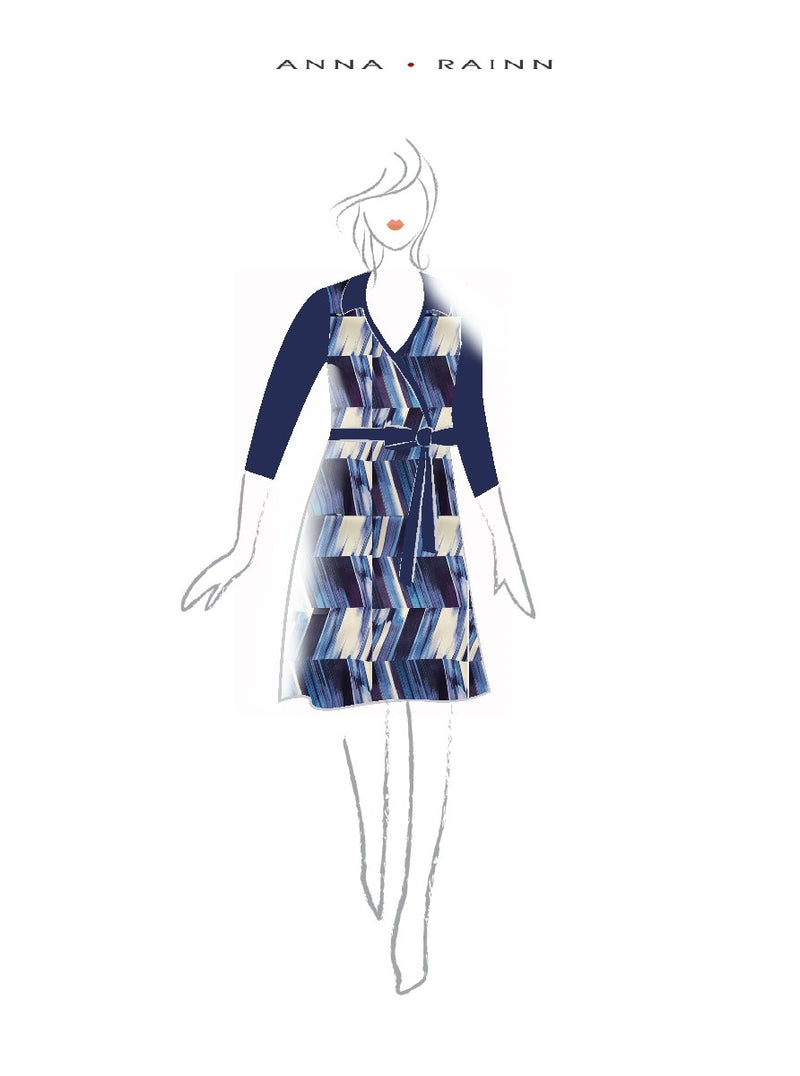 A-Line Wrap Dress, Three-Quarter Sleeve, with Collar, Blue Zig Zag stripes