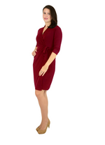 Classic Fit Wrap Dress, 3/4 Sleeves, Maroon