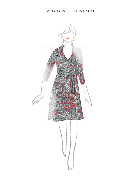 A-Line Wrap Dress, Three-Quarter Sleeve, with Collar, Black and White Paisley